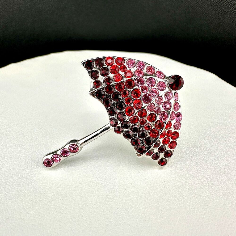 Vintage Rhinestone Umbrella Brooch Pin Silver Tone Pink Red Pave Stones Signed